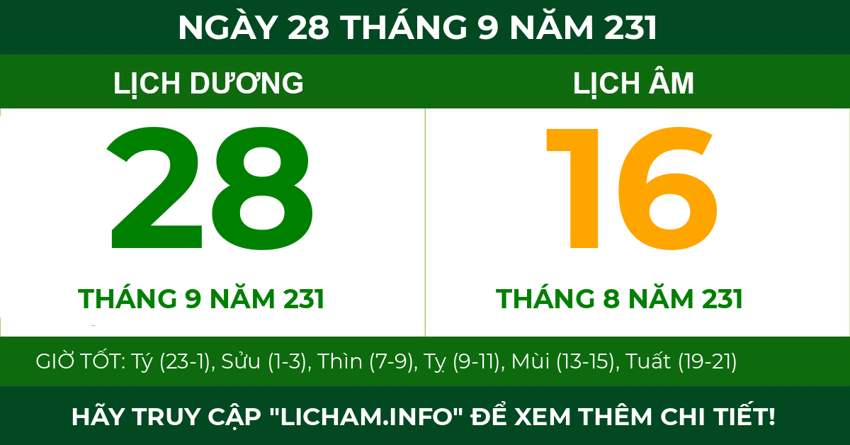 lịch âm ngày 28 tháng 9 năm 231