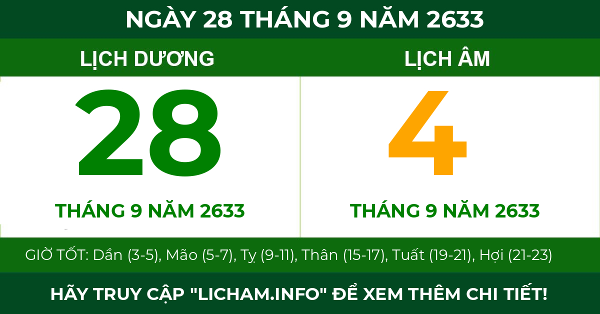 lịch âm ngày 28 tháng 9 năm 2633
