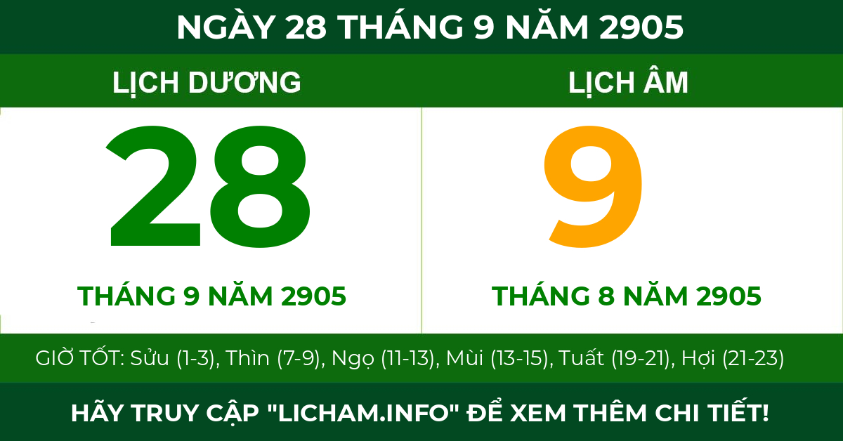 lịch âm ngày 28 tháng 9 năm 2905