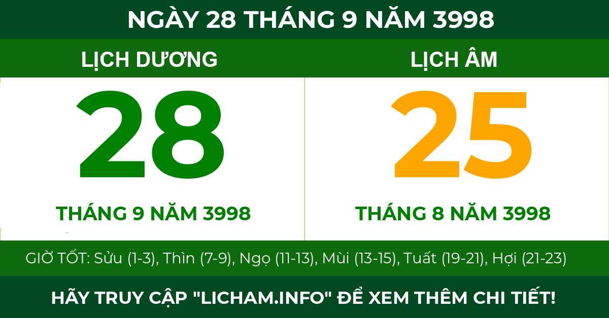 lịch âm ngày 28 tháng 9 năm 3998