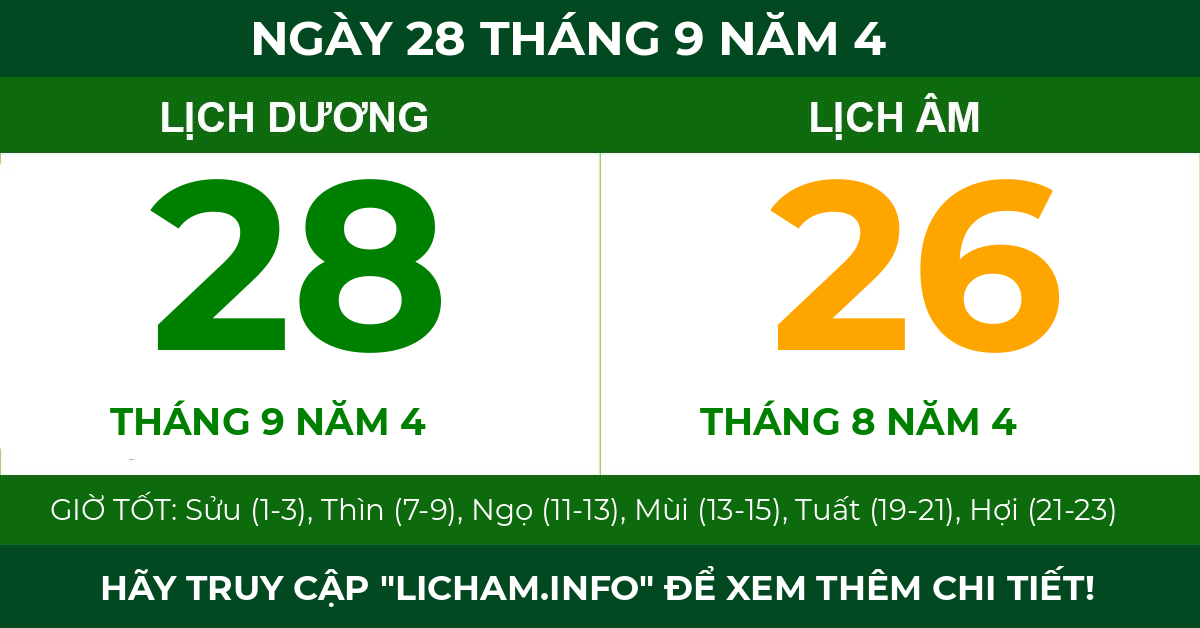 lịch âm ngày 28 tháng 9 năm 4