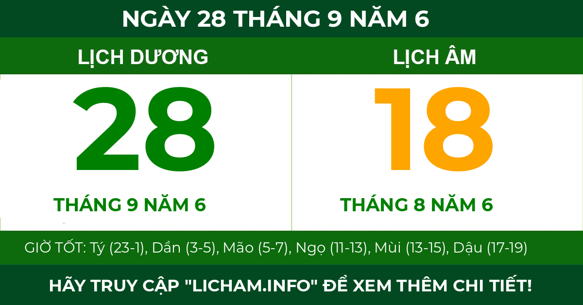 lịch âm ngày 28 tháng 9 năm 6