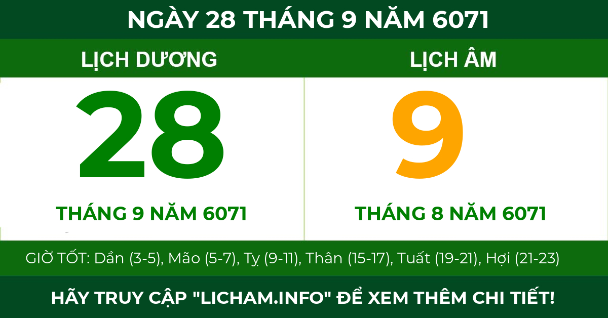lịch âm ngày 28 tháng 9 năm 6071