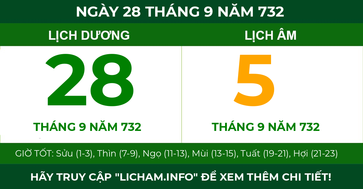 lịch âm ngày 28 tháng 9 năm 732