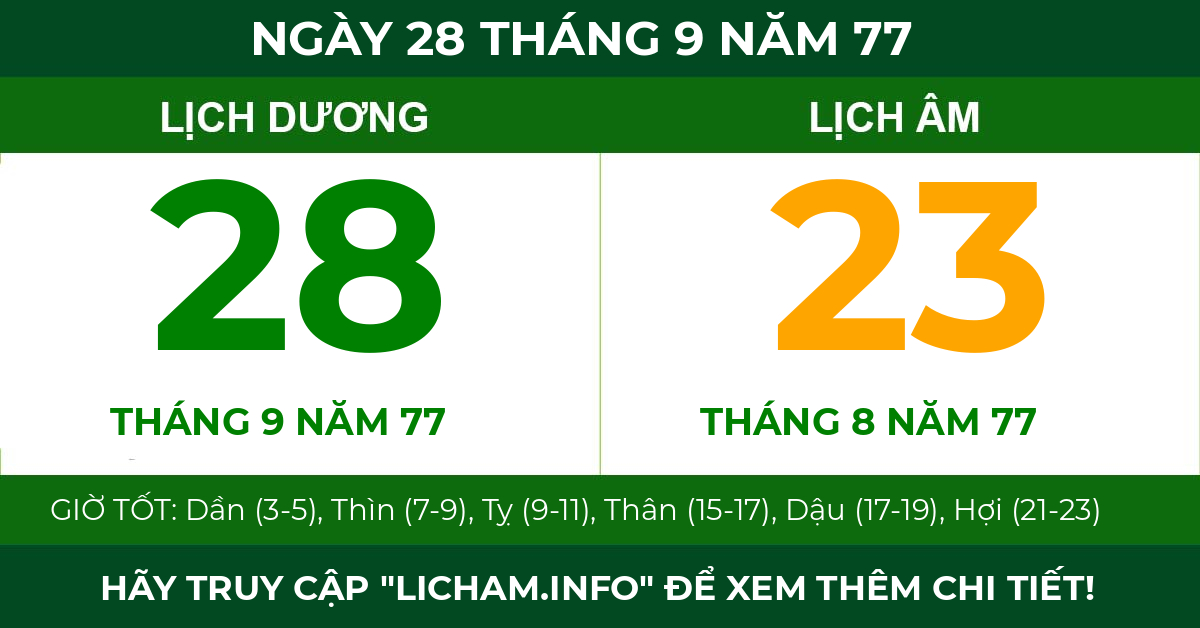 lịch âm ngày 28 tháng 9 năm 77