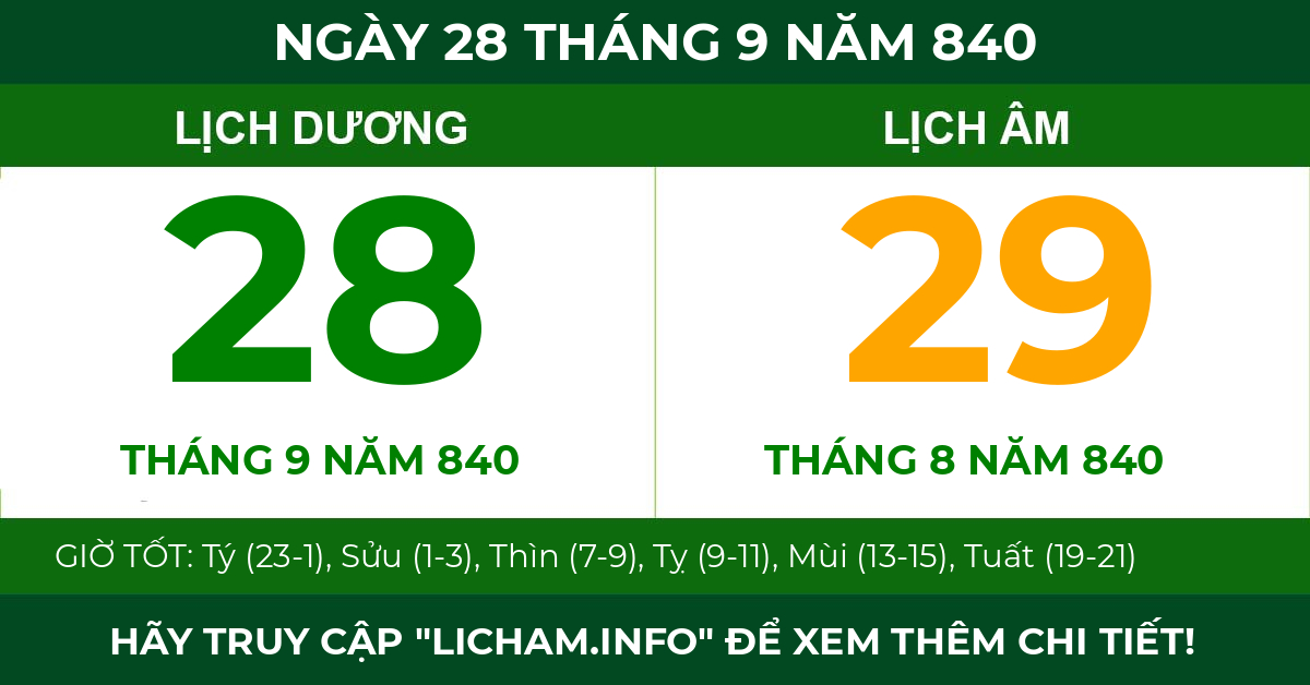 lịch âm ngày 28 tháng 9 năm 840