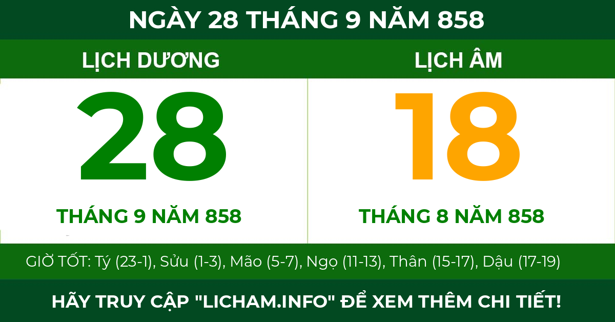 lịch âm ngày 28 tháng 9 năm 858