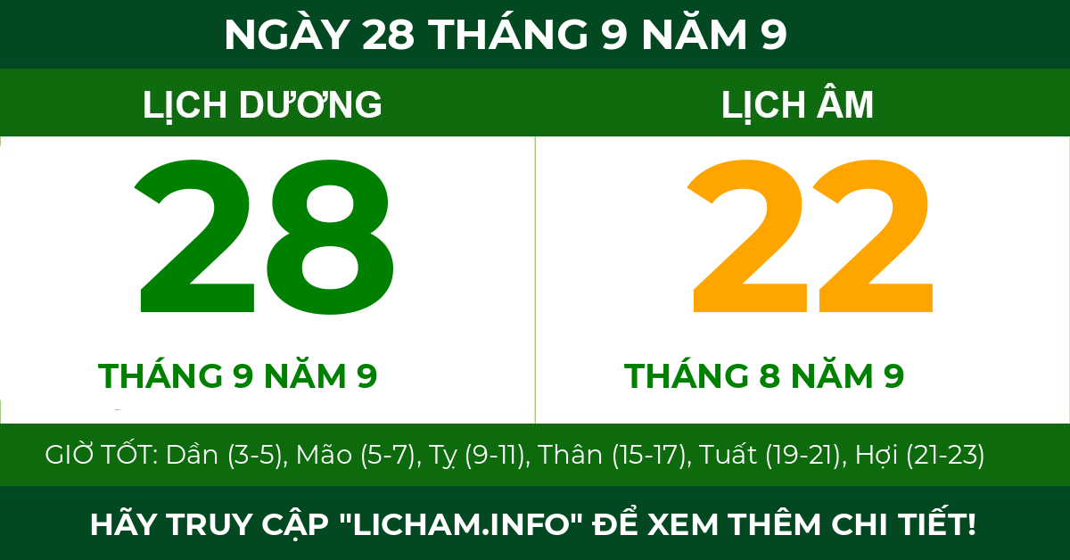 lịch âm ngày 28 tháng 9 năm 9