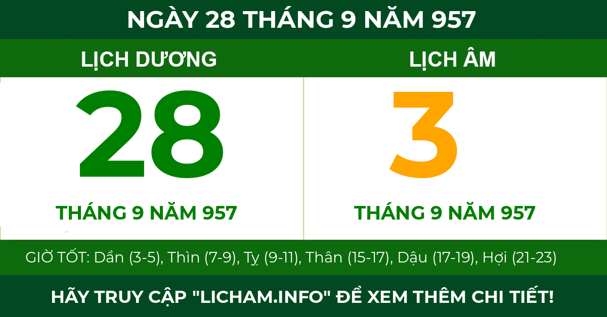 lịch âm ngày 28 tháng 9 năm 957