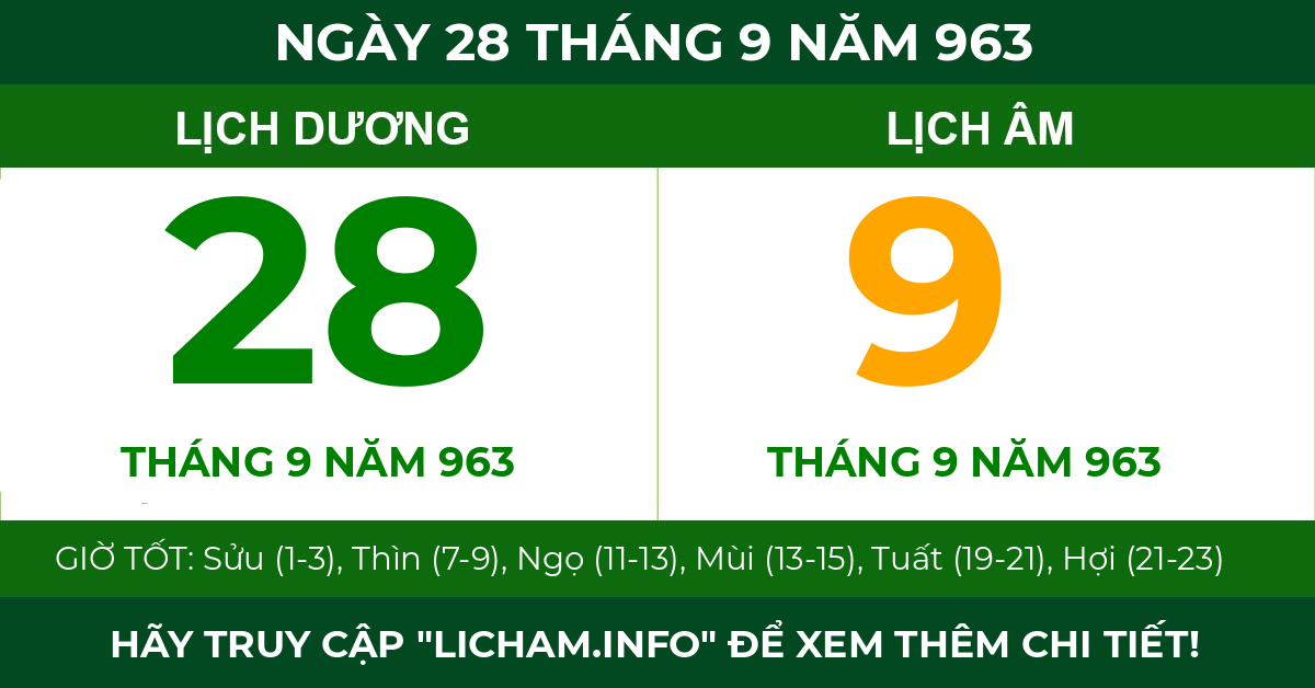 lịch âm ngày 28 tháng 9 năm 963