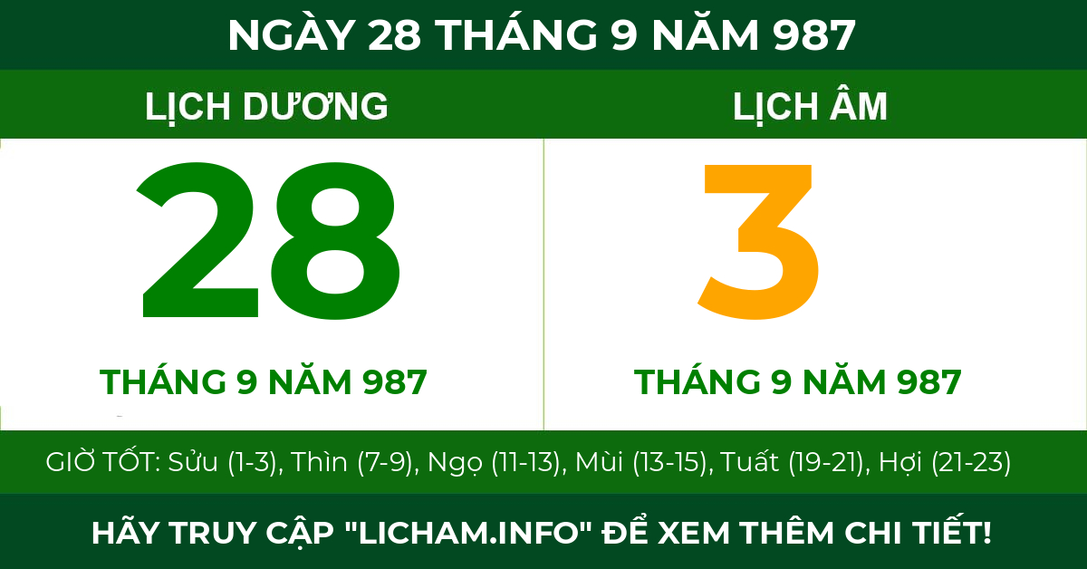 lịch âm ngày 28 tháng 9 năm 987