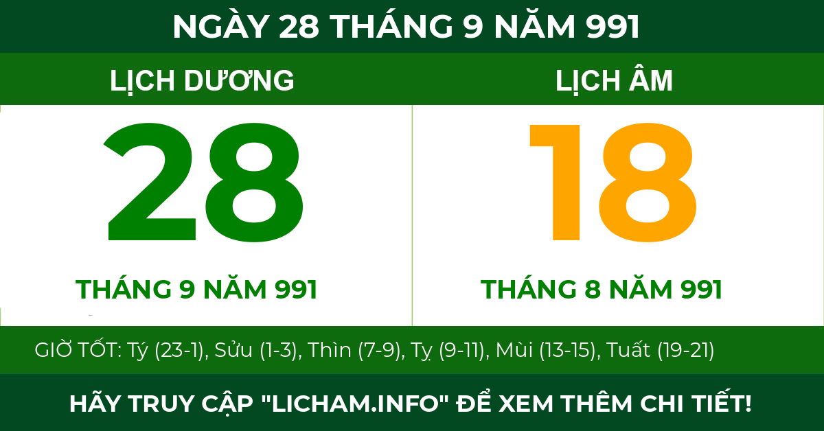 lịch âm ngày 28 tháng 9 năm 991