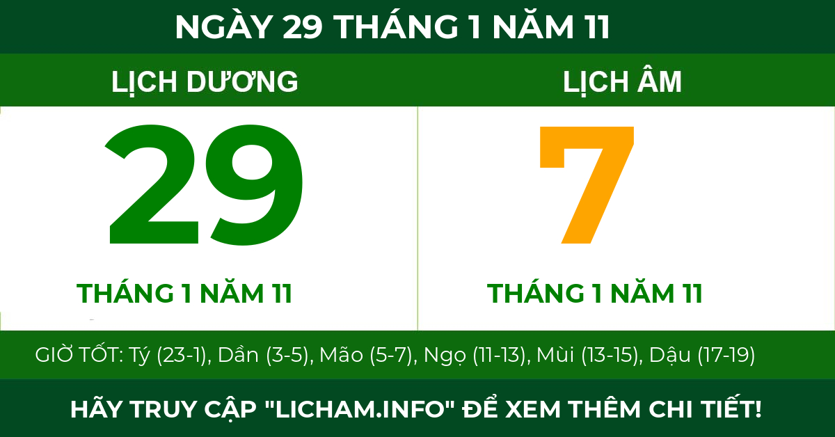 lịch âm ngày 29 tháng 1 năm 11