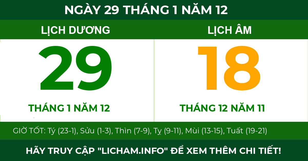 lịch âm ngày 29 tháng 1 năm 12