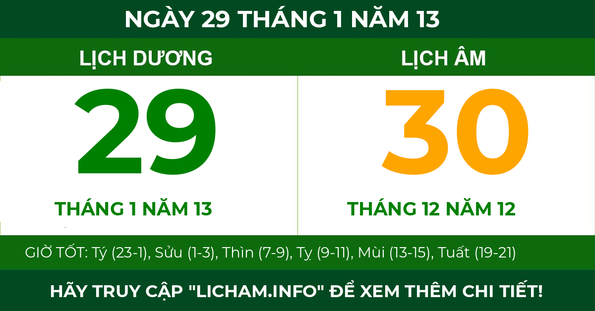 lịch âm ngày 29 tháng 1 năm 13