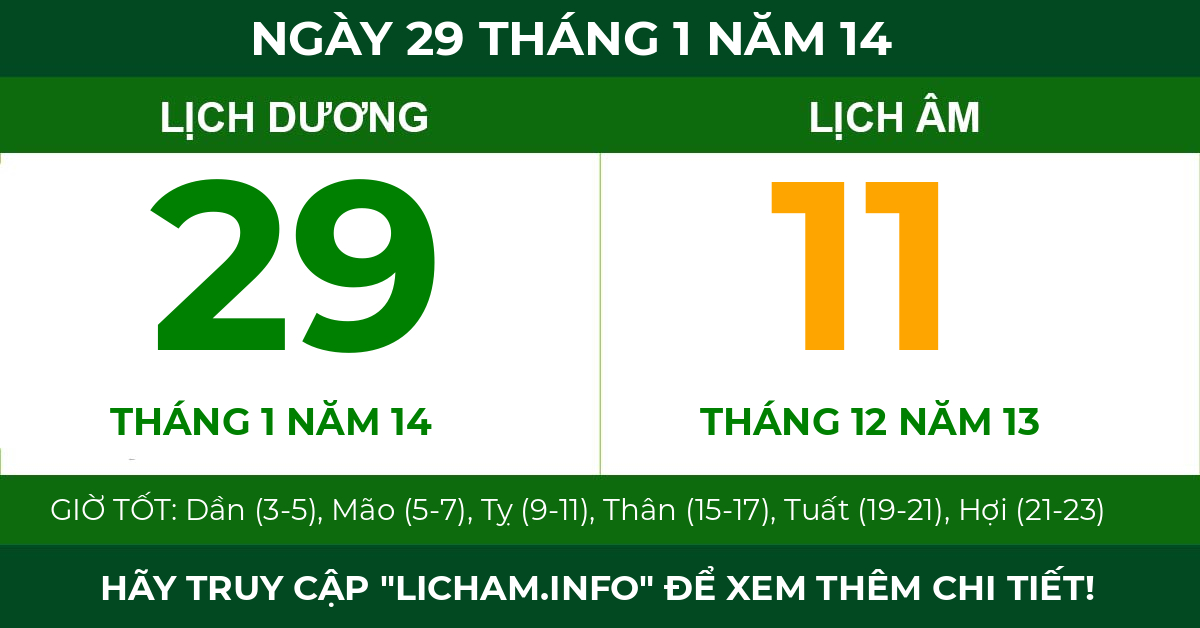 lịch âm ngày 29 tháng 1 năm 14