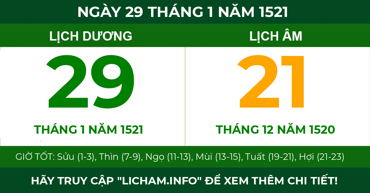 lịch âm ngày 29 tháng 1 năm 1521