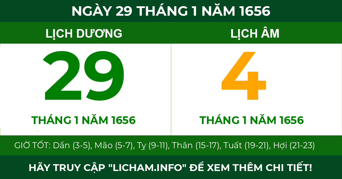 lịch âm ngày 29 tháng 1 năm 1656