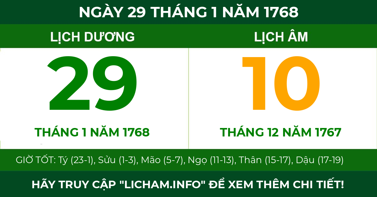 lịch âm ngày 29 tháng 1 năm 1768