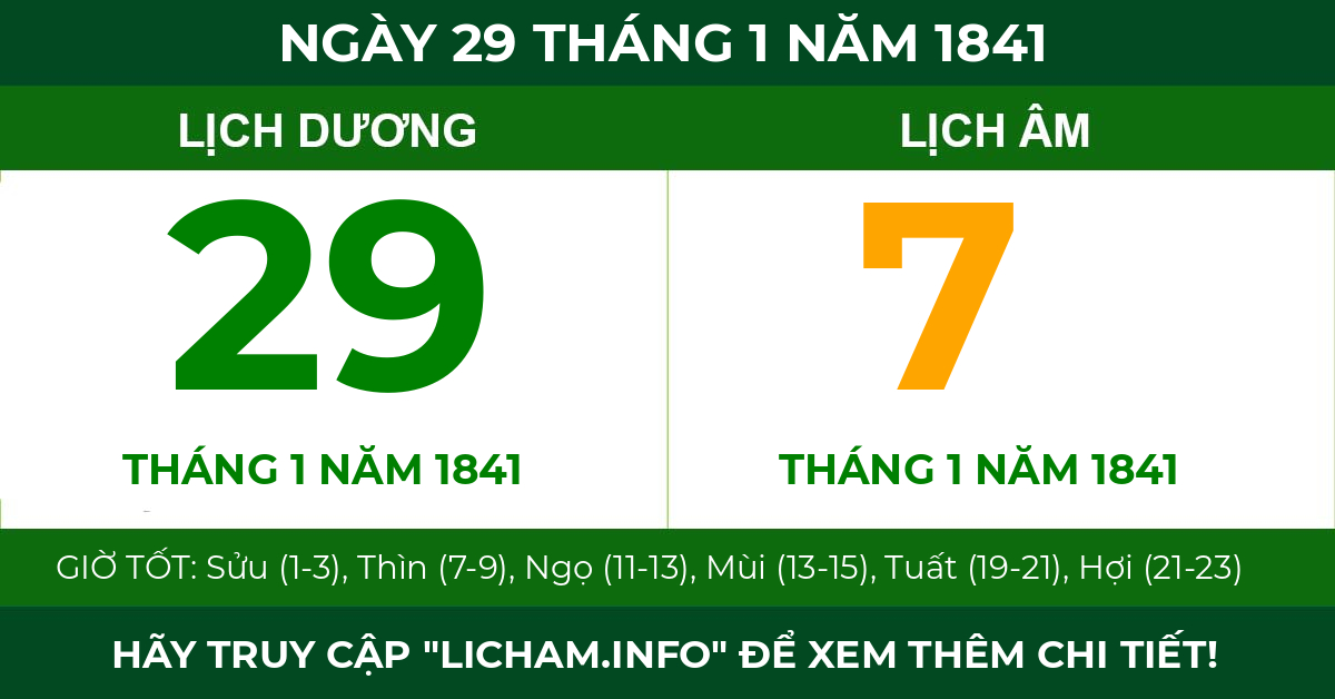 lịch âm ngày 29 tháng 1 năm 1841