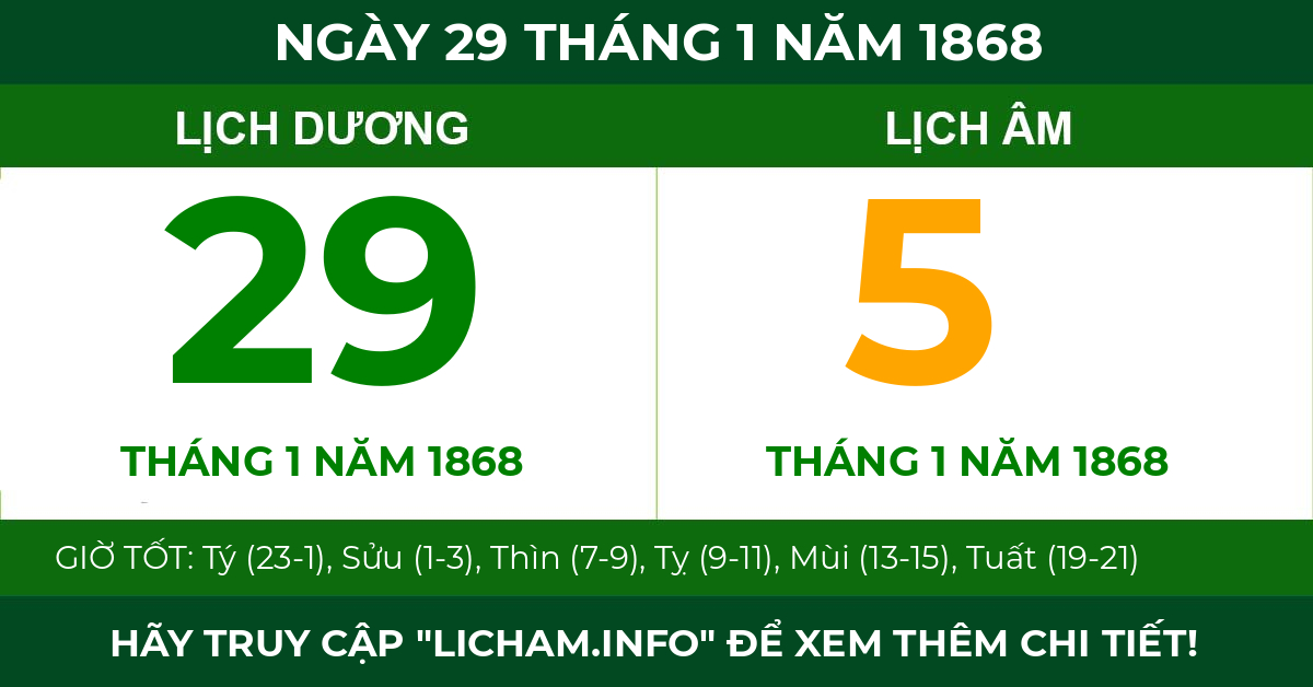 lịch âm ngày 29 tháng 1 năm 1868