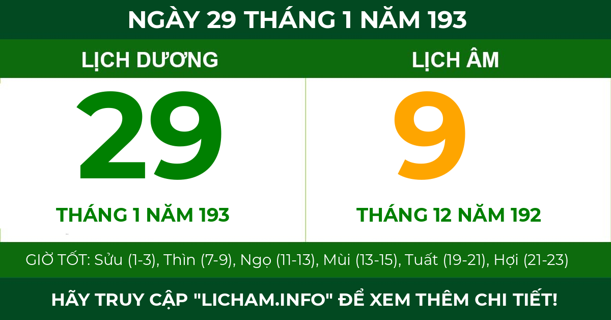 lịch âm ngày 29 tháng 1 năm 193