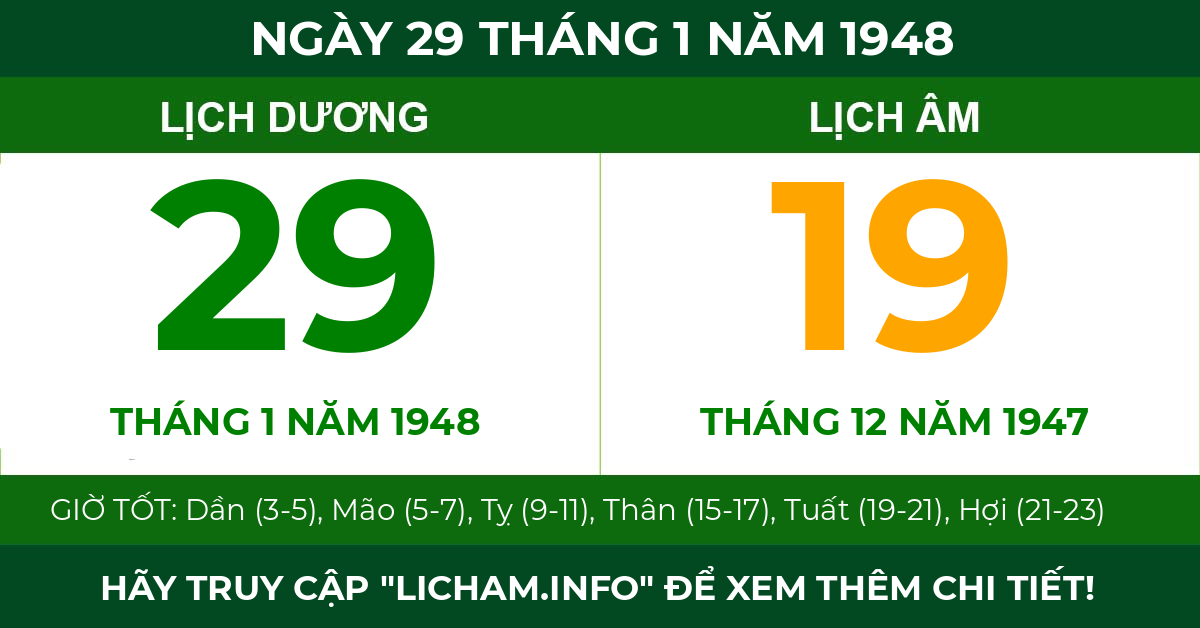 lịch âm ngày 29 tháng 1 năm 1948