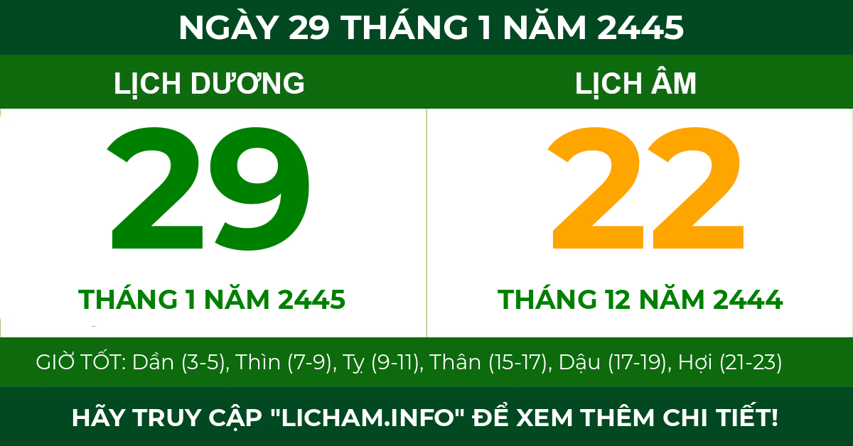 lịch âm ngày 29 tháng 1 năm 2445