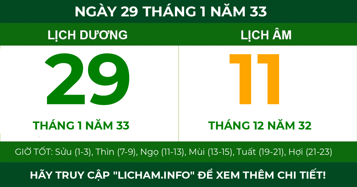 lịch âm ngày 29 tháng 1 năm 33