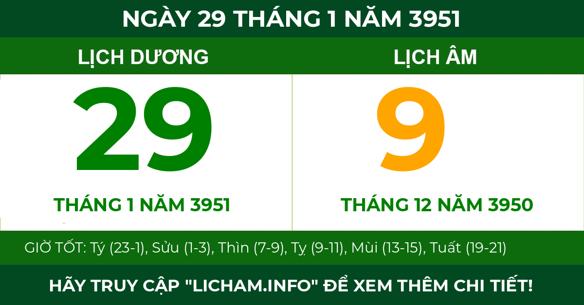 lịch âm ngày 29 tháng 1 năm 3951