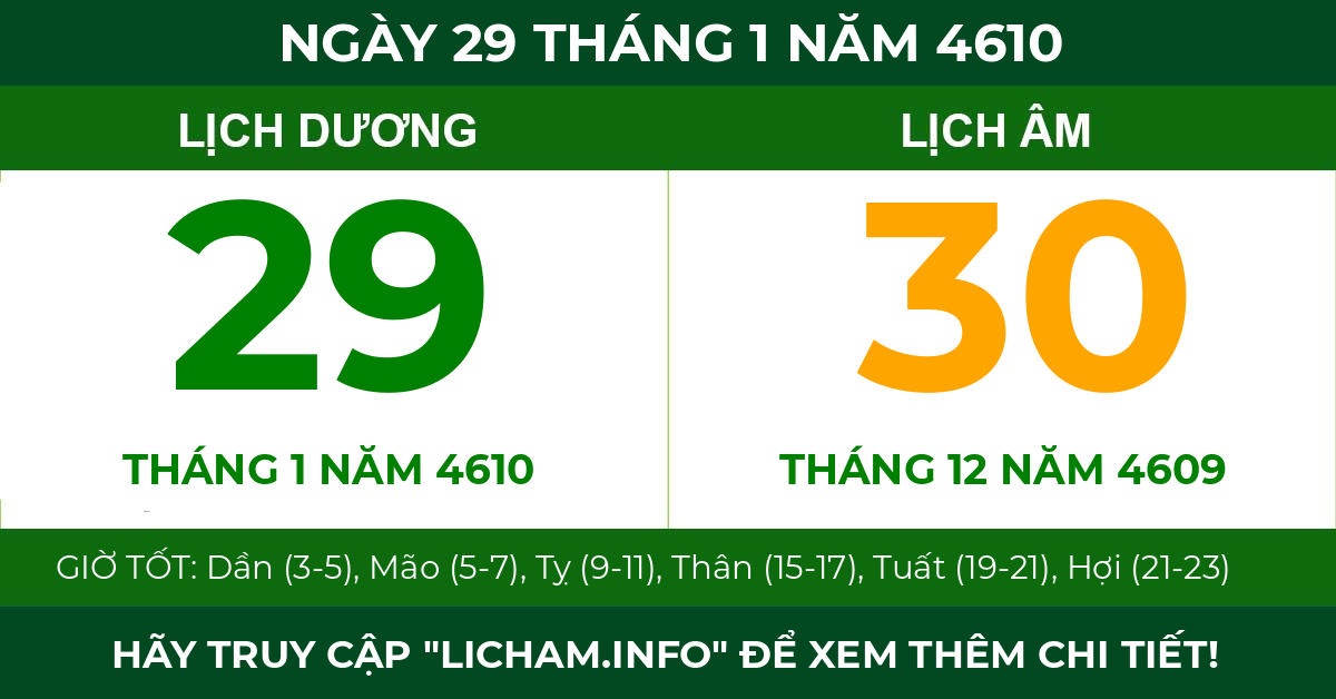 lịch âm ngày 29 tháng 1 năm 4610