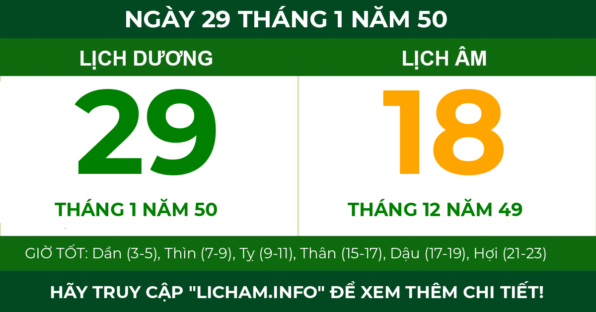 lịch âm ngày 29 tháng 1 năm 50