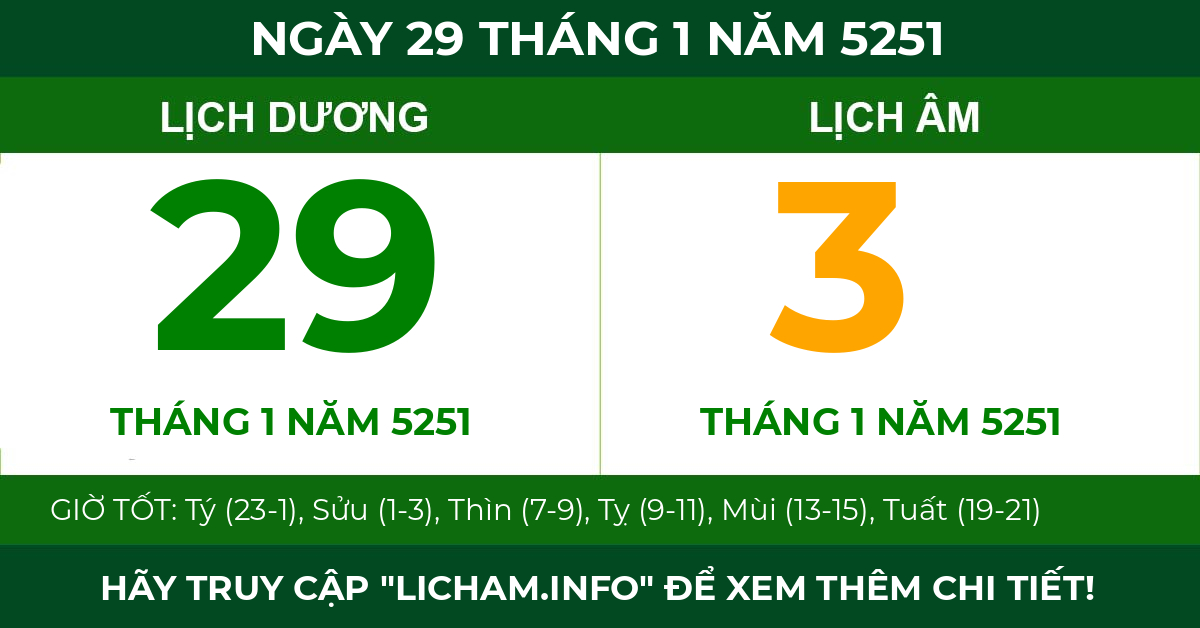 lịch âm ngày 29 tháng 1 năm 5251