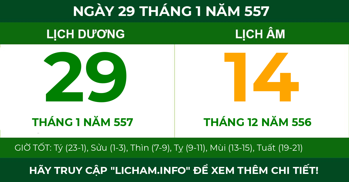 lịch âm ngày 29 tháng 1 năm 557