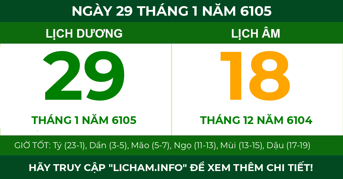 lịch âm ngày 29 tháng 1 năm 6105