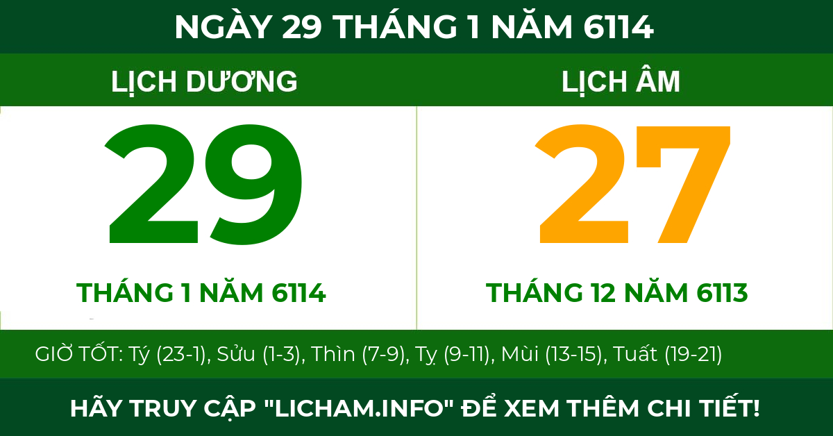 lịch âm ngày 29 tháng 1 năm 6114