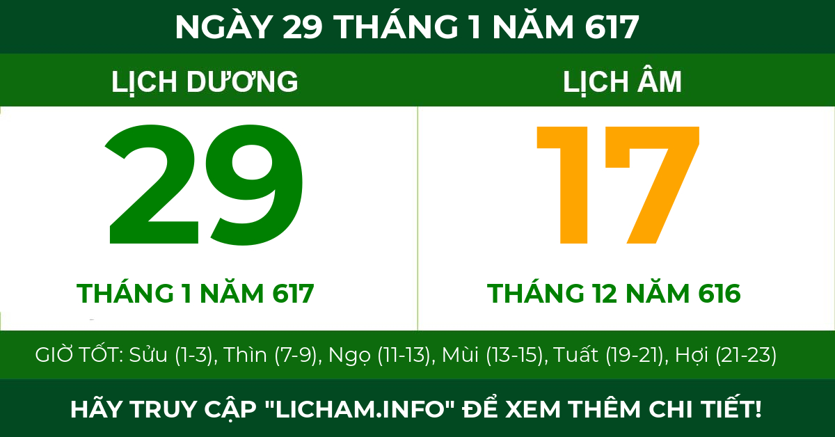 lịch âm ngày 29 tháng 1 năm 617