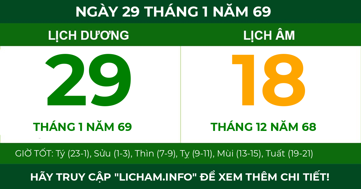 lịch âm ngày 29 tháng 1 năm 69