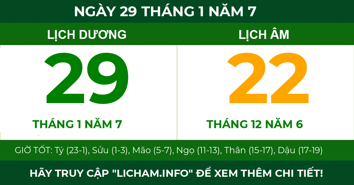 lịch âm ngày 29 tháng 1 năm 7