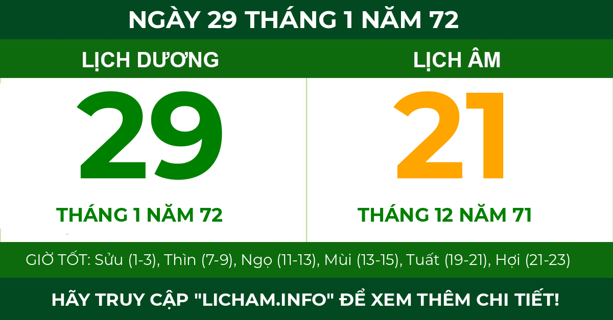 lịch âm ngày 29 tháng 1 năm 72
