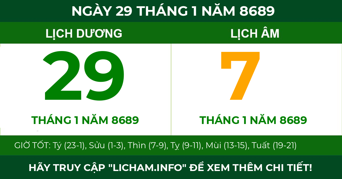 lịch âm ngày 29 tháng 1 năm 8689