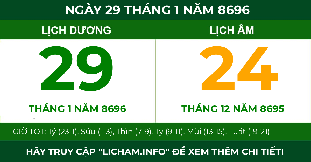 lịch âm ngày 29 tháng 1 năm 8696