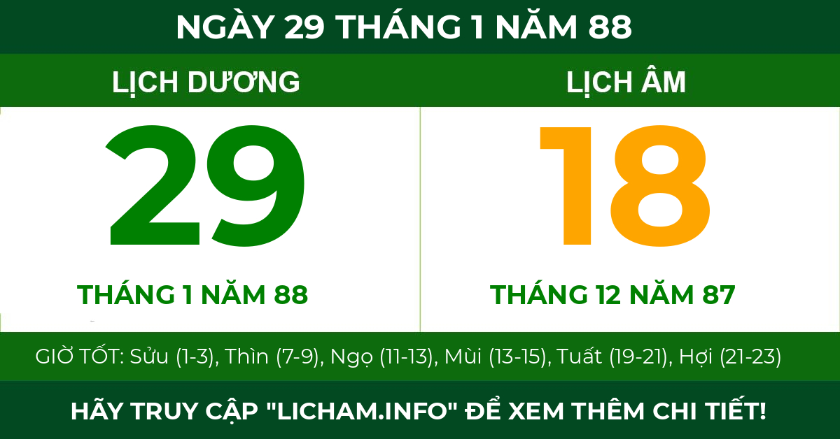 lịch âm ngày 29 tháng 1 năm 88