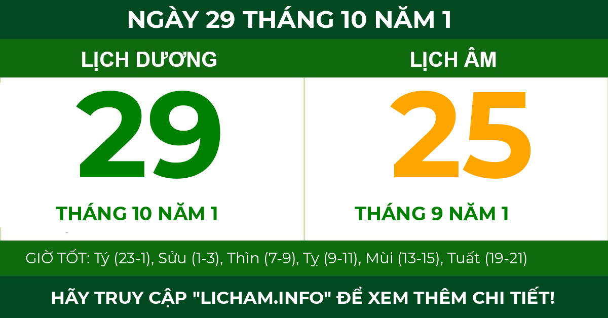 lịch âm ngày 29 tháng 10 năm 1