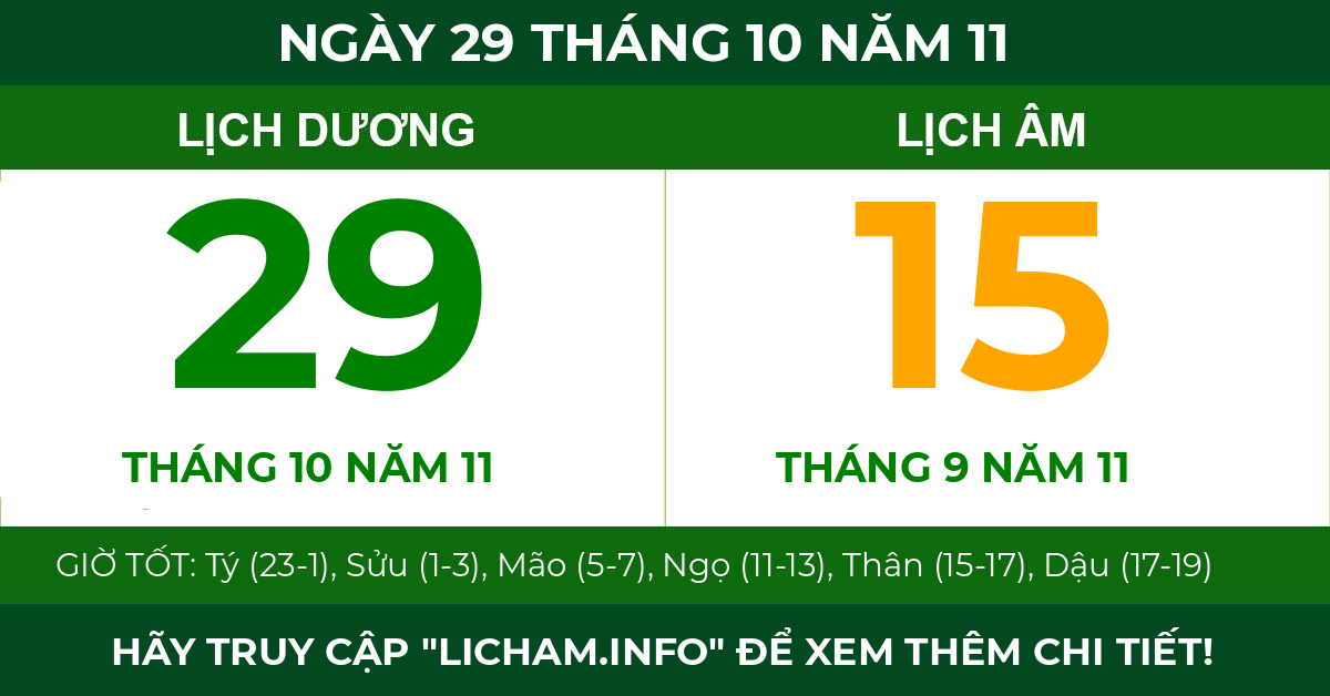lịch âm ngày 29 tháng 10 năm 11