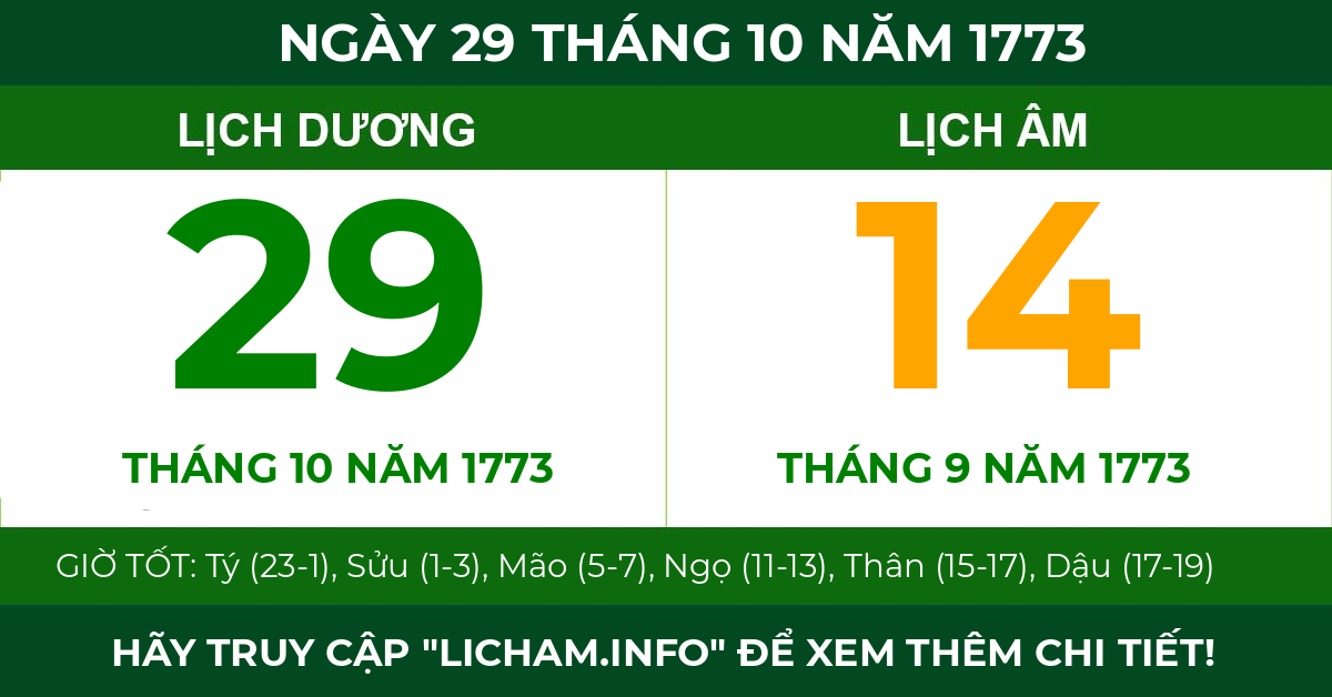lịch âm ngày 29 tháng 10 năm 1773
