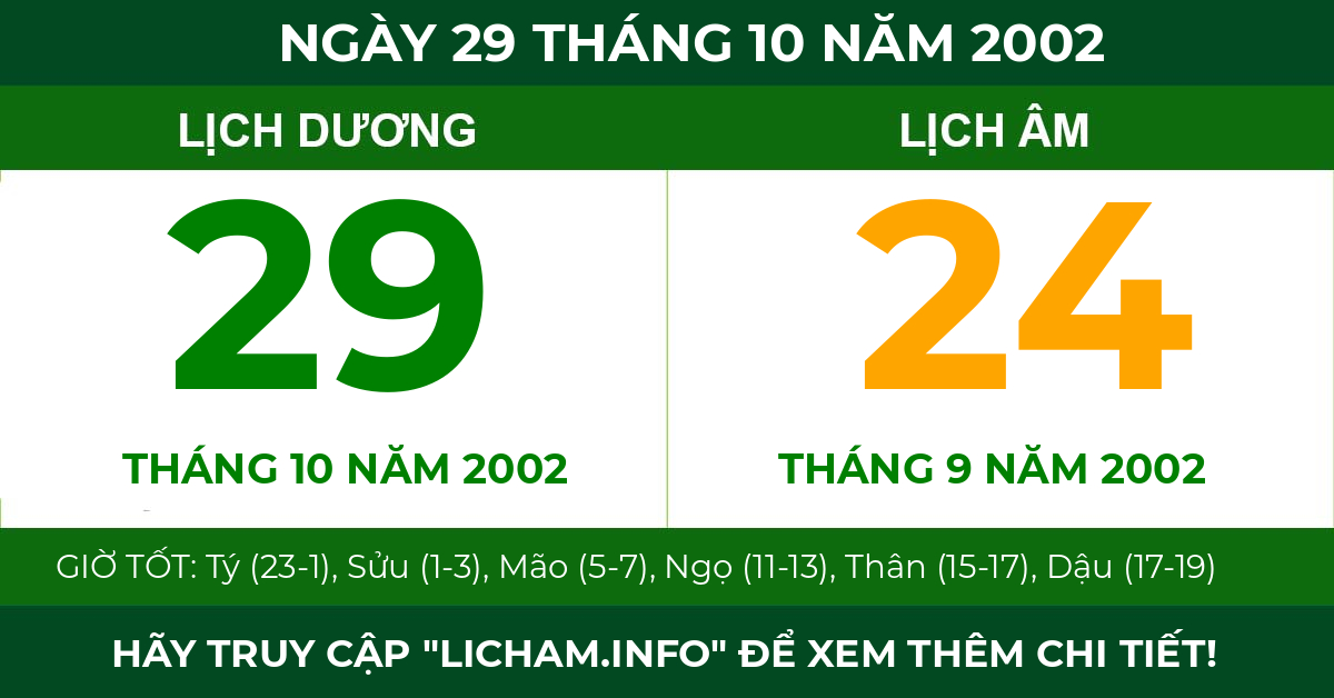 lịch âm ngày 29 tháng 10 năm 2002