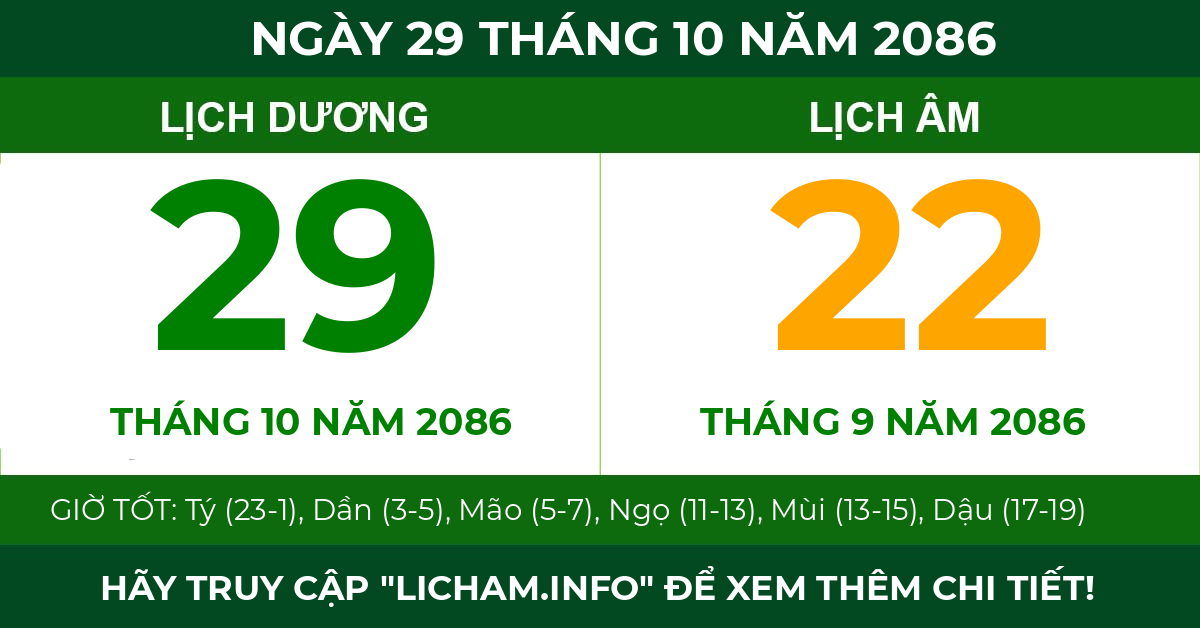 lịch âm ngày 29 tháng 10 năm 2086