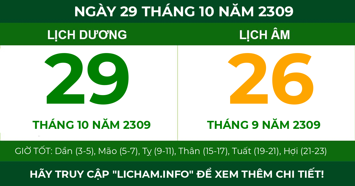 lịch âm ngày 29 tháng 10 năm 2309