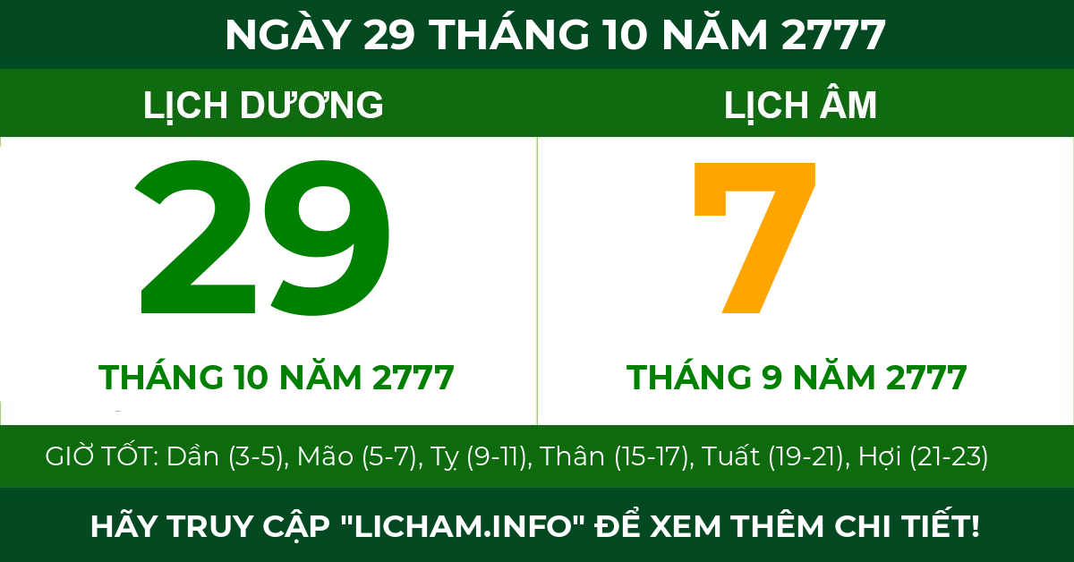 lịch âm ngày 29 tháng 10 năm 2777